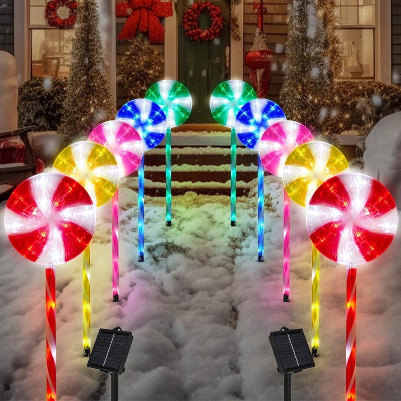 ILLUMINEW Outdoor Christmas Decorations Solar Pathway Lights, Set of 10 Lollipops Peppermint Stake Lights, 8 Modes Candy Cane Walkside Lights, Outdoor Xmas Decoration for Walkway,Yard (10PCS-Multi) - Image 1